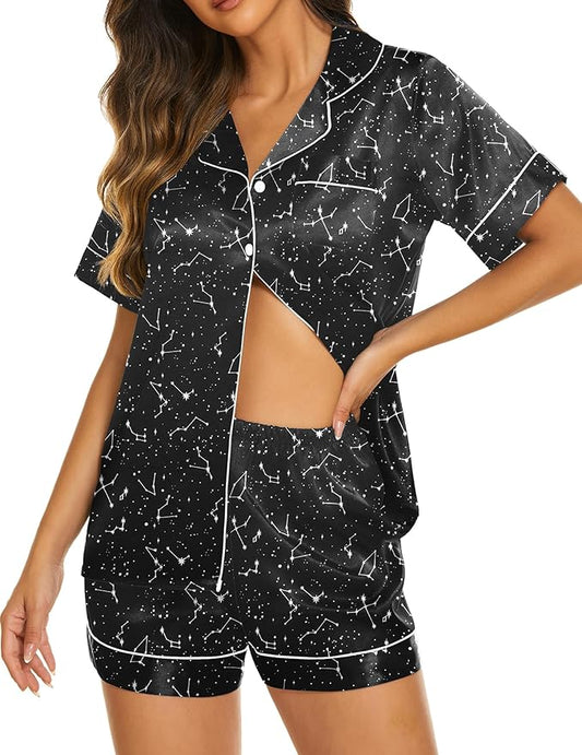 Ekouaer Silk Pajamas for Women Short Sleeve Sleepwear Soft Button Down Loungewear 2 Piece Satin Pjs Shorts Set S-XXL