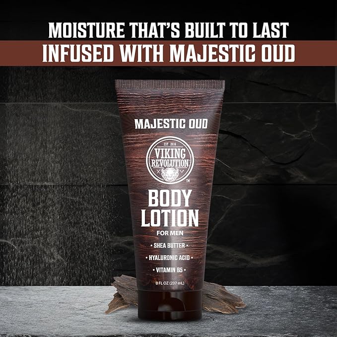 Viking Revolution Majestic Oud Body Lotion for Men – Mens Lotion for Dry Skin with Shea Butter, Hyaluronic Acid and Vitamin B5 – Nourishing Mens Body Lotion for Hydrated and Smooth Skin (8oz, 1 Pack)