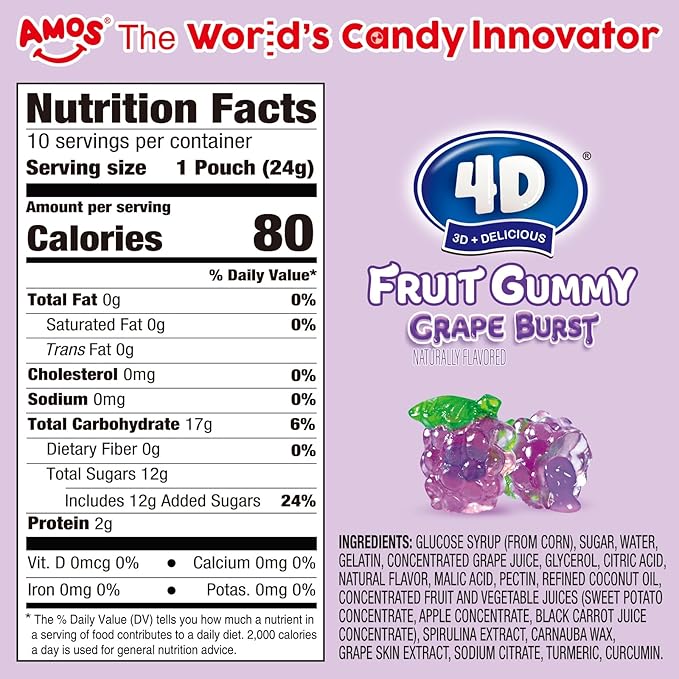 AMOS 4D Gummies Grape Burst Fruit-Shaped Gummy Candy, Natural Flavor Individual Sharing Pack For Parties, School Lunchbox & Family Movie Night Snacks 240g (8.5 Oz) | Fun, Chewy, Shareable Treat