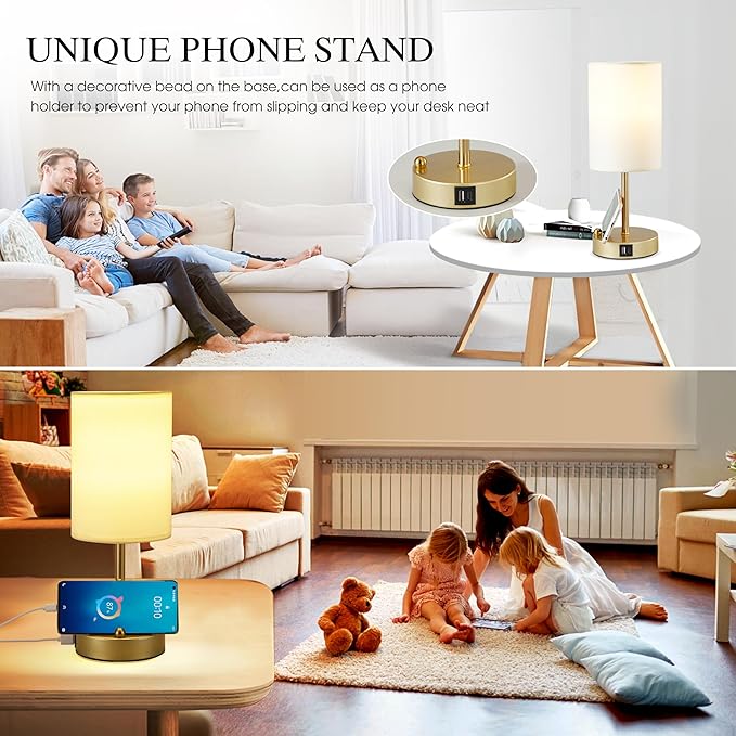 Briever Touch Control Table Lamp for Bedroom, 3-Way Dimmable Nightstand Lamp with USB Charging Ports, Bedside Desk Lamp with Gold Phone Stand & Round Linen Fabric Shade, Bulb Included