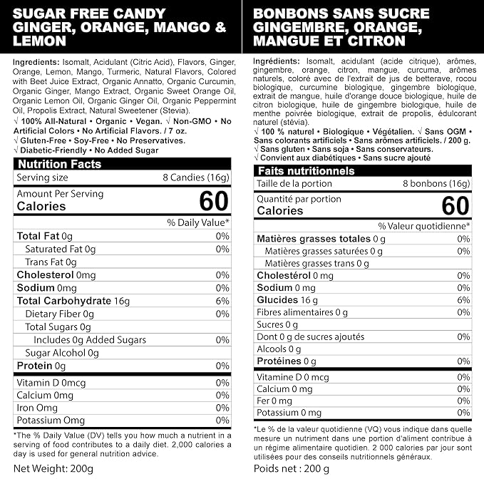 Andy Anand Chocolatier Sugar Free Ginger Candy - Gluten Free Made in Italy Hard Candy, Individually Wrapped Sweetened With Natural Stevia With Mango, Orange & Lemon Assorted Flavors ((55 Pcs, 7 Oz)