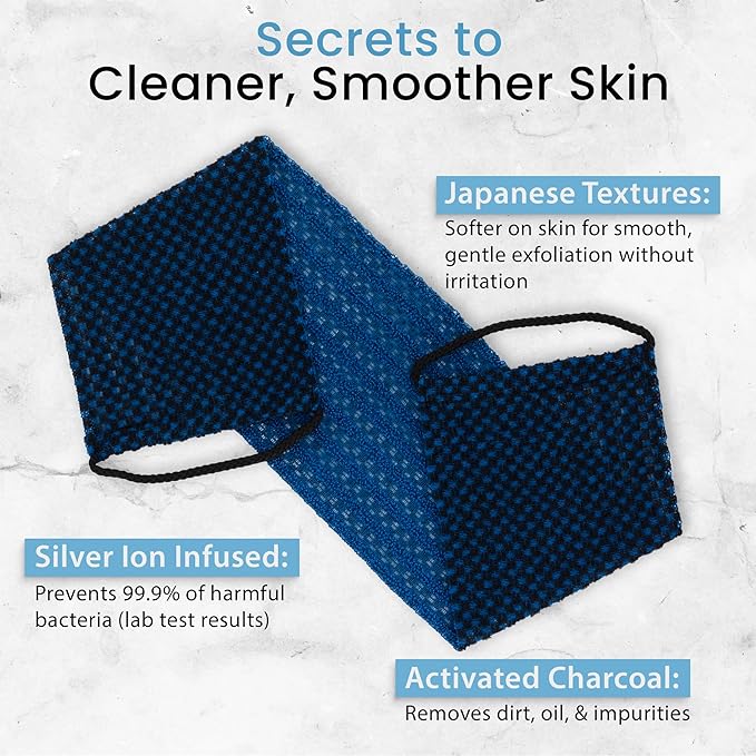 Japanese Exfoliating Washcloth for Back & Body - Charcoal & Silver Ion Exfoliating Towel with Handles - Two-Sided Gentle Exfoliation & Deep Cleansing Soft Body Wash Cloths for Shower - Blue
