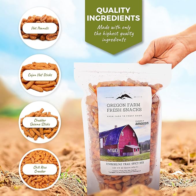 Oregon Farm Fresh Snacks Timberline Trail Spicy Mix - Spicy Nuts And Cajun Sticks Trail Mix - Game Night Snacks In Resealable Bag - Hand-Blended Hot & Savory Snack Pack (16oz) (Pack of 2)