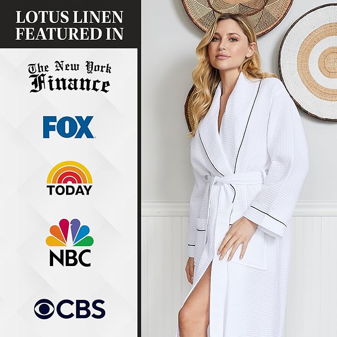 Lotus Linen Waffle Robes for Women - Lightweight Cotton Kimono Bathrobe - Long Soft Spa Bath Robe