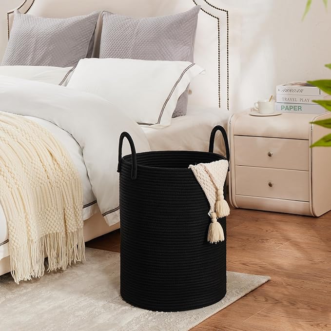 Cotton Rope Laundry Hamper by YOUDENOVA, 72L - Woven Collapsible Laundry Basket - Clothes Storage Basket for Blankets, Laundry Room Organizing, Bedroom Storage, Clothes Hamper – Black