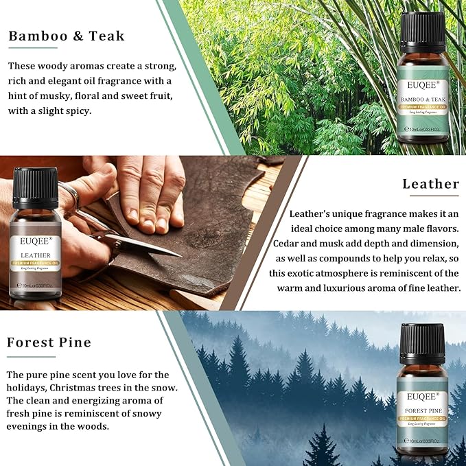 EUQEE Fragrance Oils Gift Set Premium Woody Scented Oil - Forest Pine, Warm Rustic Woods, Bamboo & Teak, Cedarwood, Leather, Sweet Tobacc(Honeyed Haze), for Diffuser, Soap Making, Candle - 6x10ml