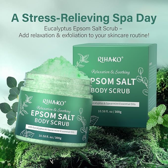 Eucalyptus Epsom Salt Body Scrub,Exfoliating detox body scrub,Relax & Relief with Eucalyptus & Spearmint Essential Oils, Deeply Nourishes for Smooth, Radiant Skin,Relaxation Spa Gifts