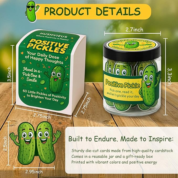 60 Positive Pickle Cards Jar, Affirmation Cards for Women, Teens, Emotional Pickle Gifts, Positive Pickle Jar, Funny Pickle Gifts for Women, Teen Girl Birthday Gifts, Positivity Jars