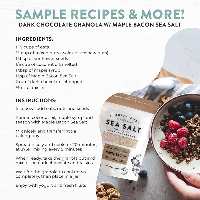 FLORIDA PURE Maple Bacon Sea Salt - Smoky, 80+ Mineral Salt, Natural, Unrefined, Non Iodized - for Baking, Cooking, Seasoning & Enhancing Taste - Flaky Sea Salt (3 oz. Pouch)