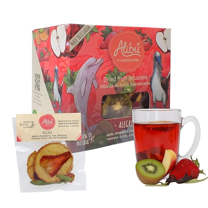 Alibú Dried Fruit Tea Infusions - Alegria - Strawberry, Apple, Kiwi, Hibiscus – Certified Vegan, 100% Natural, Hot or Iced, Caffeine Free, Eat or Drink - Box of 2.12 oz