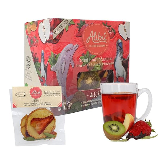 Alibú Dried Fruit Tea Infusions - Alegria - Strawberry, Apple, Kiwi, Hibiscus – Certified Vegan, 100% Natural, Hot or Iced, Caffeine Free, Eat or Drink - Box of 2.12 oz
