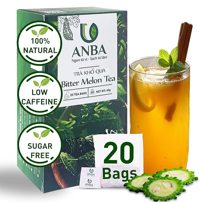 ANBA Bitter Melon Tea Bags, Black Tea & Stevia Herbal Blend, 20 Count | Caffeine-Free | No Sugar Added | Authentic Herbal Tea | ISO HACCP Certified
