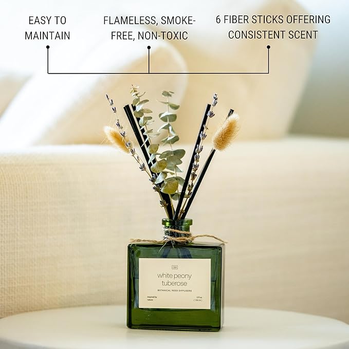 Craft & Kin Reed Diffuser with Dried Flowers | 5 oz White Peony & Tuberose Scented Fall Reed Diffusers for Home, Bathroom | Scent Sticks | Elegant Fragrance Home Decor for Men & Women