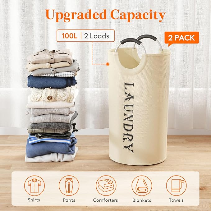 Lifewit 100L 2-Pack Large Laundry Basket, Collapsible Laundry Hamper with Aluminum Handles, Waterproof Freestanding Dirty Clothes Hampers for Laundry Room Bedroom Dorm Bathroom, White