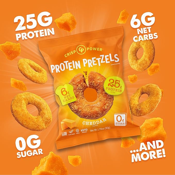 Crisp Power High Protein Pretzel Crisps - 6 Pack x 1.75 oz Crunchy & Flavorful Plant-Based Snack. No Sugar, 28g Protein Per Pack in 3 Savory Flavors, Vegan, Keto Friendly, Non-GMO, Kosher Non-Dairy (1.75 Ounce (Pack of 6), Cheddar)