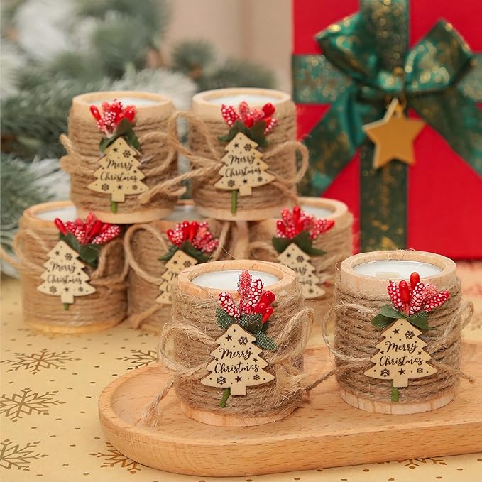 12 PCS Wooden Candle Holders with Candles, Christmas Party Favors with Jute Rope, Holiday Tealight Holders for Table Centerpieces, Home Decoration, Stocking Stuffers