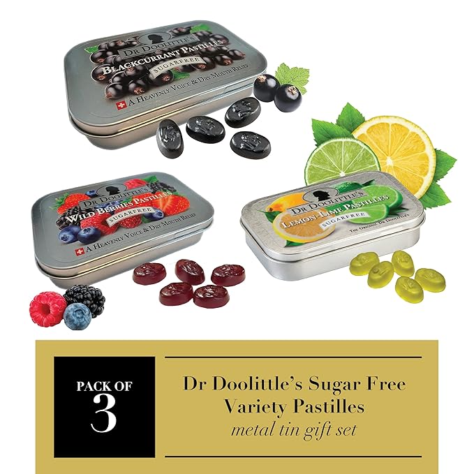 DOOLITTLE Sugar Free Soft Fruit Pastilles for Voice and Throat, Blackcurrant, Lemon Lime, and Wild Berries Variety Flavor Pack, 2.12 Ounce Tin, Approximately 25 Count Package, 3 Tin Gift Set