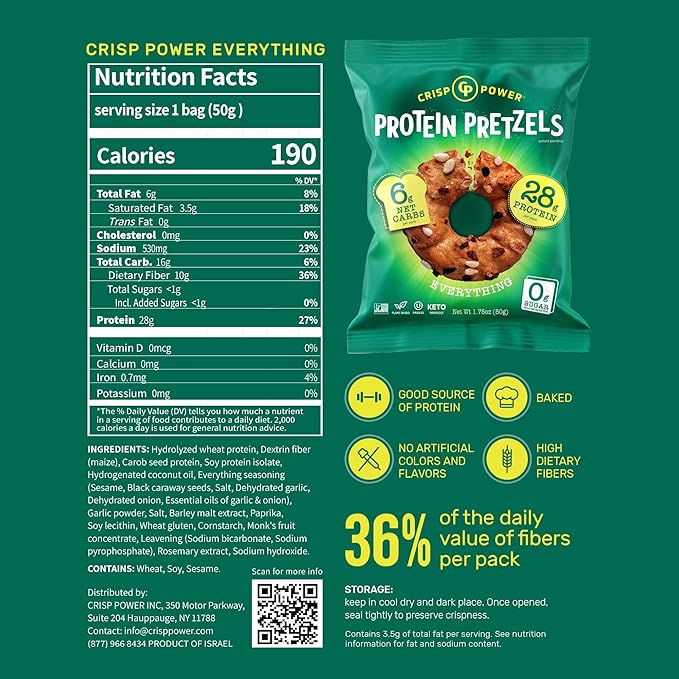 Crisp Power Protein Pretzels, Variety Pack With Sea Salt, Sesame, & Everything, Vegan Keto Snack, Plant Based Protein, Low Carb Crunchy Pretzel Snacks, Sugar Free, No Seed Oils, 1.75 Oz Bags, 6 Pack