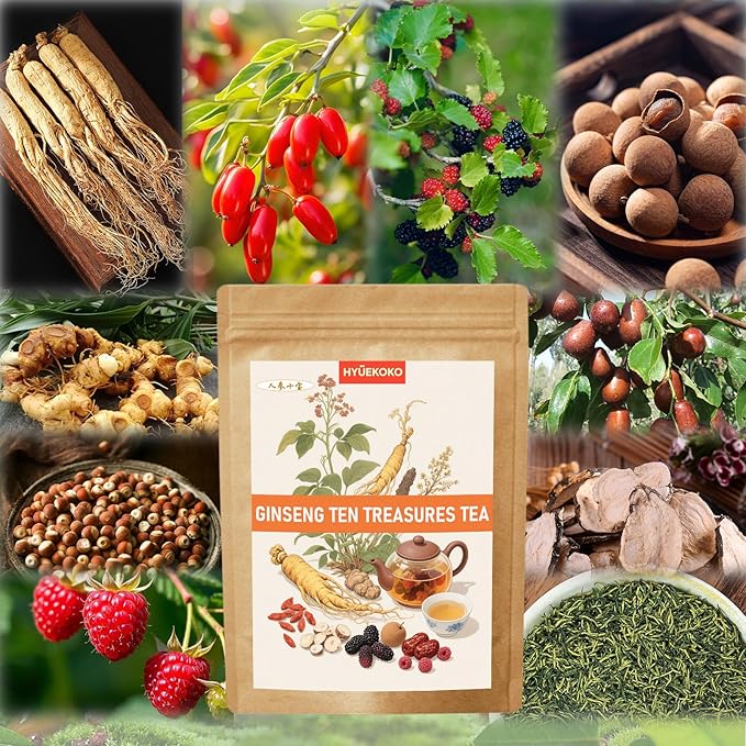 40 Bags Ginseng Ten Treasures Tea, Caffeine-Free Natural Ingredients Herbal Tea Bags, No Additives, Kidney Tea for Men & Women
