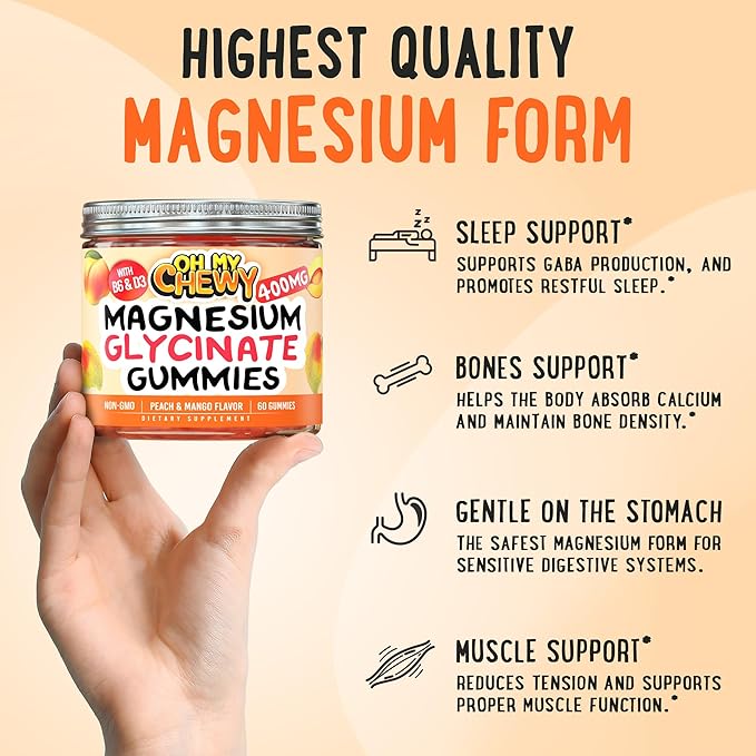 Center-Filled Magnesium Glycinate Gummies 400MG - High Absorption for Kids, Teens & Adults - Supplement for Sleep, Calm & Muscle Relaxation with B6 & D3 - Gluten Free & Vegan Friendly - 120 Count