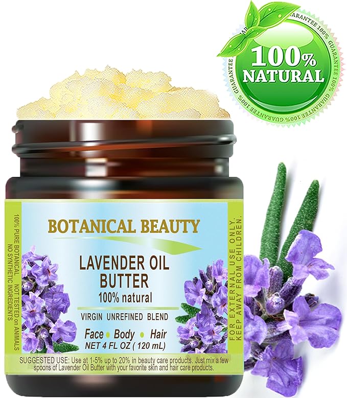 Botanical Beauty LAVENDER OIL BUTTER 100% Natural Lavender Essential Oil in Shea Nut Butter for FACE, SKIN, BODY, HAIR, NAILS. Beauty Skin Moisturizer Oil Butter. (4 Fl Oz)