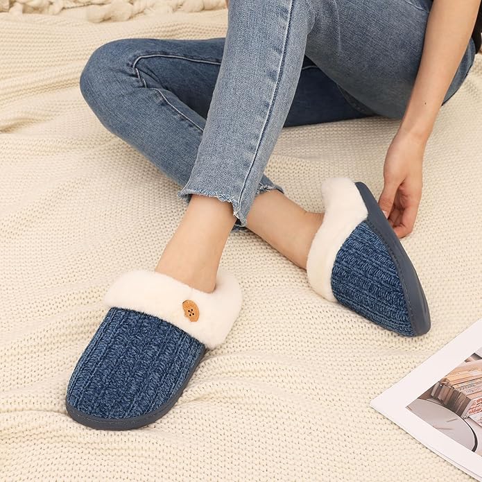 Evshine Warm Knit House Slippers for Women Comfy Wool-Like Lined Chenille Slippers with Memory Foam and Indoor Outdoor Soles