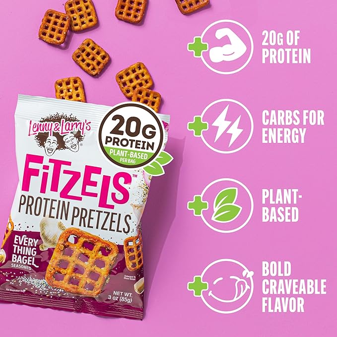 Lenny & Larry's Everything Bagel FITZELS- Savory Pretzel Snacks Incredibly Tasty, High Protein Salty, Vegan, 20 g's of Plant Based Protein 8 (eight) Bags, 3 oz Each