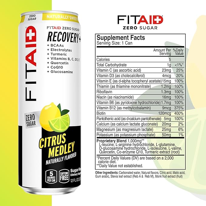 FITAID ZERO Sugar, Keto-Friendly, Number 1 Post-Workout Recovery Drink, Contains Zero Sugar, BCAAs, Glucosamine, 5 Calories, Keto Variety Pack, 12 Fl Oz (Pack of 12)