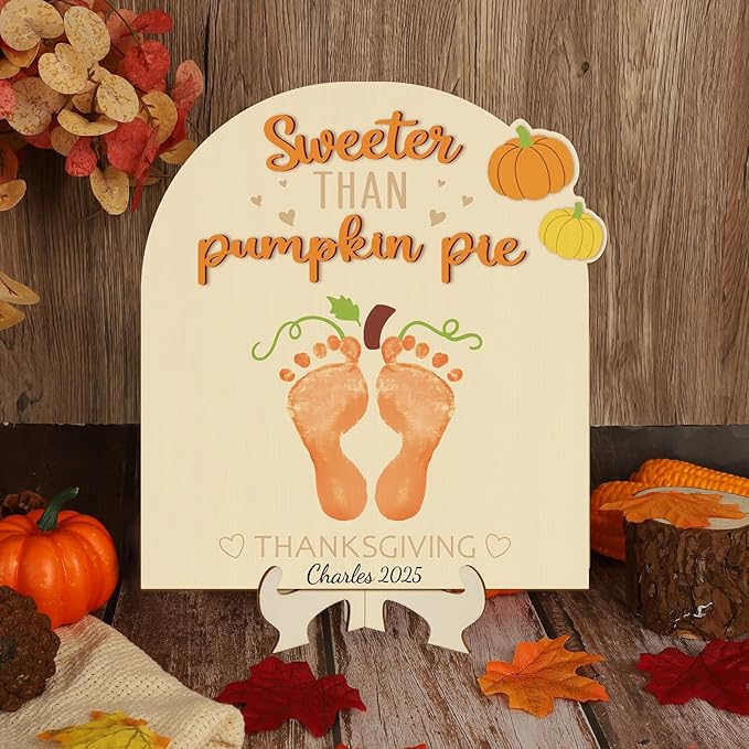 Sereliy Baby's First Thanksgiving DIY Footprint Art Card, Wooden Thanksgiving Baby Sign Keepsake Ornaments for Baby Shower Newborn Photoshoot Prop(Pumpkin)