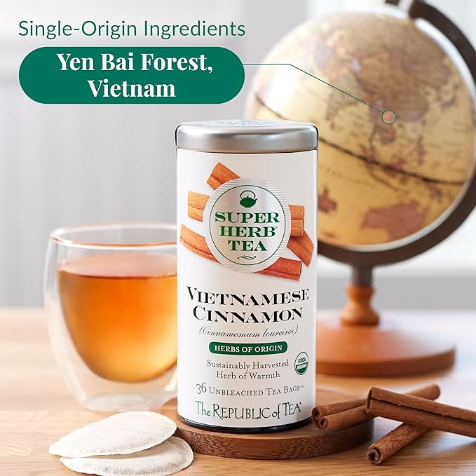 The Republic of Tea — Organic Vietnamese Cinnamon SuperHerb Tea Tin, 36 Herbal Tea Bags, Naturally Caffeine-Free Herbs of Origin
