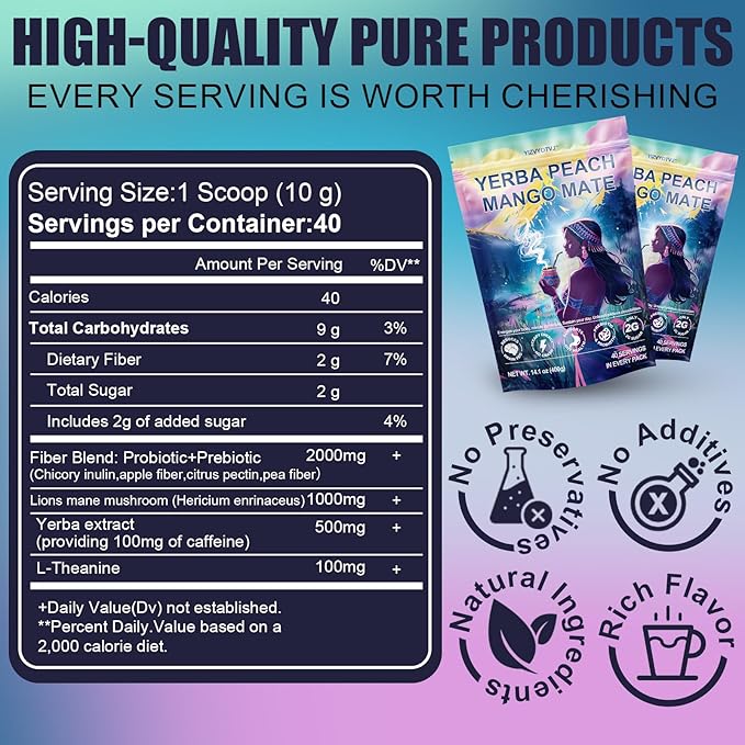 40 Servings (14.1oz) Yerba Mate Instant Tea Powder, 3-in-1 Peach Mango Flavored Low Sugar Super Drink to Support Energy & Focus with Prebiotics and Probiotics