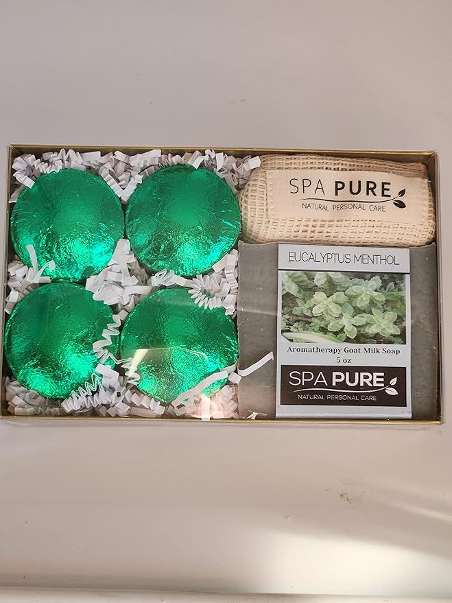 Spa Pure Eucalyptus Menthol Shower Steamers: Aromatherapy Gift Set with Artisan soap, 4 Shower Steamers, made with plant based ingredients, essential oils, all natural
