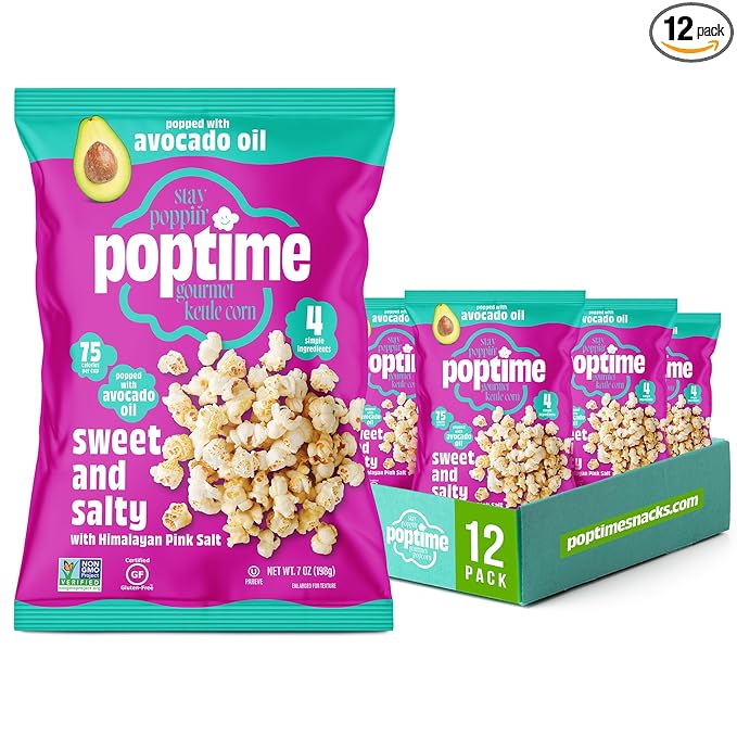 Poptime Kettle Cooked Popcorn Snack Bags – Sweet & Salty Kettle Corn Popcorn Bags, Healthy Snack With Avocado Oil & Himalayan Pink Salt, Gluten Free, Vegan, Low Calorie, Non-GMO - 7 oz - Pack 12