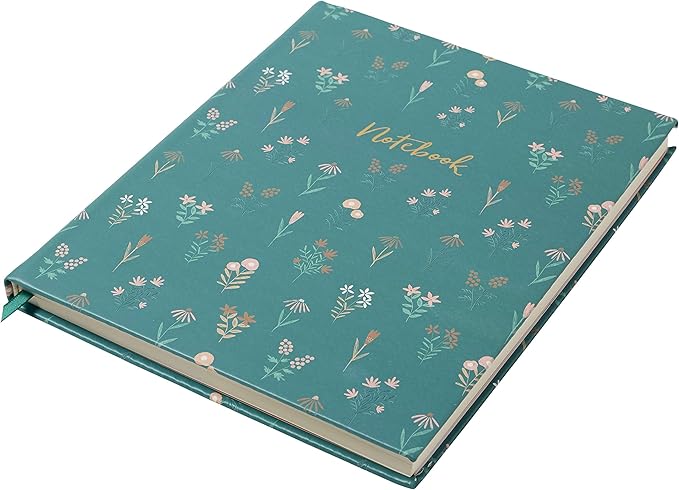 Eccolo Large Lined Journal Notebook, Hardbound Cover, Writing Journal, 256 Ruled Ivory Pages, Ribbon Bookmark, Lay Flat, Desk Size, Tiny Flowers (Green, 8x10 inches)
