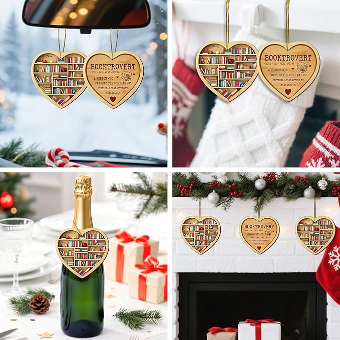 Book Ornament for Christmas Tree, 2 Sides Print Ornament, Bookshelf Wooden Ornament, Book Themed Decor, Book Lover Gifts for Christmas, Booktrovert