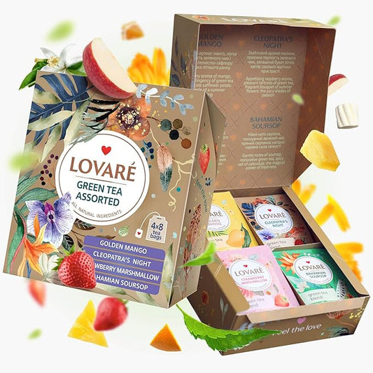 LOVARE Green Assorted Tea Variety Pack 32 Pack - Made in Ukraine - Tea Bags Individually Wrapped 4 Tastes - Golden Mango, Cleopatra’s Night, Strawberry Marshmallow, Bahamian Soursop Assorted Tea Bags