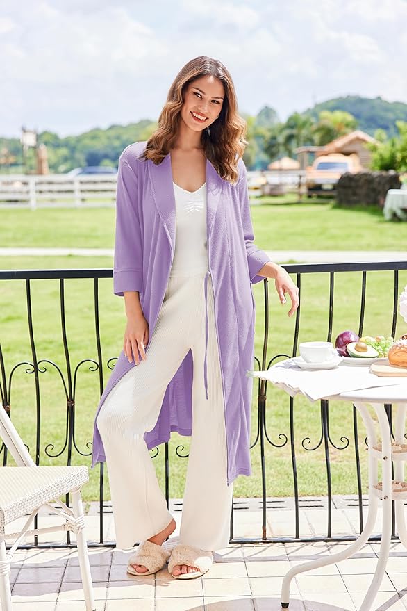 Ekouaer Robes for Women Long Waffle Knit Bathrobe Lightweight Kimono Robe Soft Shawl Collar Spa Robes with Pockets S-XXL