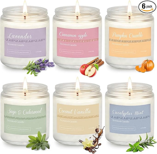 6 Pack Fall Candles for Home Scented, Fall Scented Candles for Women Gifts Autumn Home Decor, Natural Non Toxic Soy Candle Set Pumpkin/Cinnamon Apple/Vanilla/Lavender/Sage/Eucalyptus