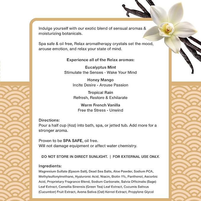 Relax Spa & Bath, Epsom & Dead Sea Salts, Aromatherapy Bath Salts for Hot Tub, Bath, or Spa, Infused with Magnesium, Warm French Vanilla Scent