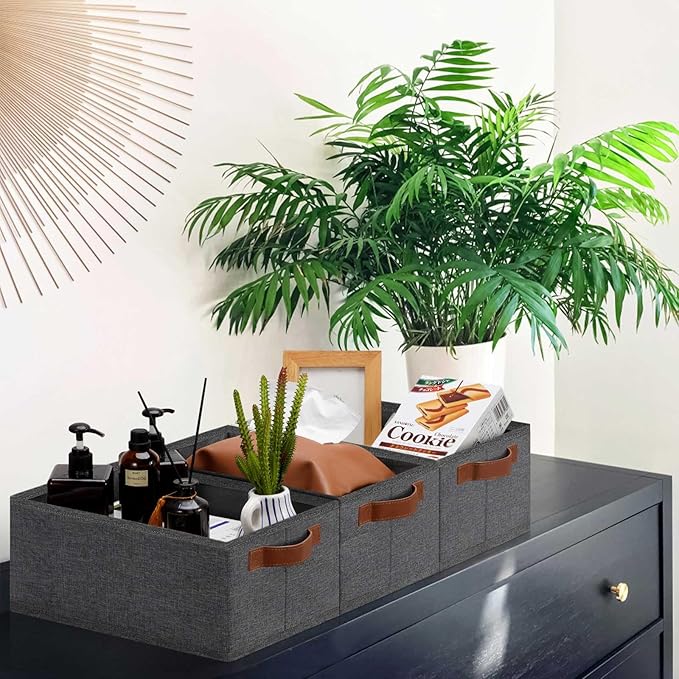 GhvyenntteS Small Fabric Storage Bins 12 Pack, 11.8" x 7.87" x 5.11" Storage Basket with Leather Handles, Closet Storage Bins for Shelves, Storage Baskets for Shelves, DVD Storage (Grey)