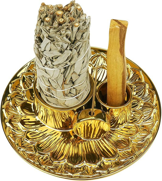 4 in 1 Incense Holder, Ceramic Incense Stick and Palo Santo Holder,Sage Holder for Burning- 5.5" Ceramic Ash Catcher Tray for Meditation and Yoga Room (Golden)