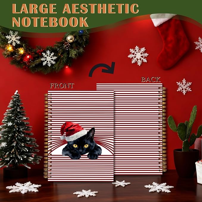 Exqcom Christmas Black Cat Spiral Notebook Gifts, Black Cat Gifts Journal for Women, Funny Santa Hat Cute Kitty Hardcover Notebook Journal Office School Supplies, 5.5x8.3 Inch