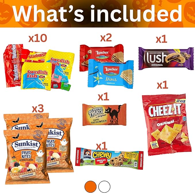 Halloween Assorted Skull Bucket (32 Count) Filled with Candies, Snacks, Cookies and more, Treats for Family, Friends, Kids, Boys and Girls