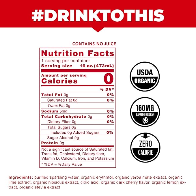 CLEAN Cause Zero Sugar Cherry Lime Yerba Mate Tea Sparkling, USDA Organic Energy Drink Alternative, Zero Calorie, 160mg Natural Caffeine, Soda Alternative, Plant-Based (16oz cans, 12-Pack Case)