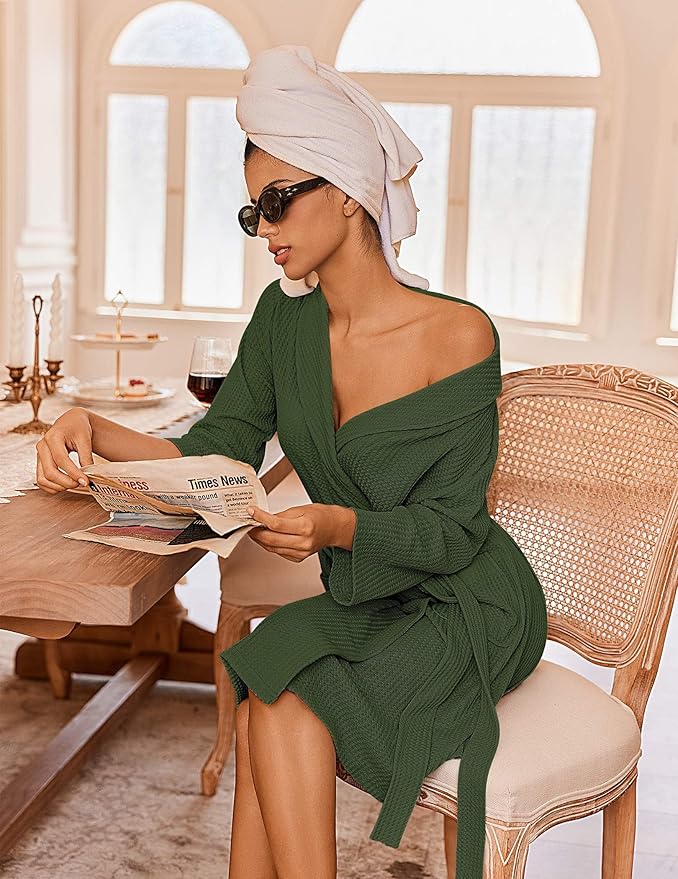 Ekouaer Robes for Women Waffle Knit Bathrobe Lightweight Kimono Robe Knee Length Loungewear with Pockets