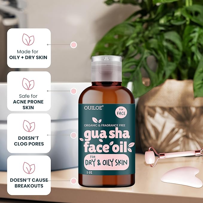 Guasha Oil for Oily Skin - Face Oil for Gua Sha Lymphatic Massage - Safe for Acne Prone Skin - Natural, Non Comedogenic, Fragrance Free and Lightweight - Use with Gua Sha Facial Tools, 2oz