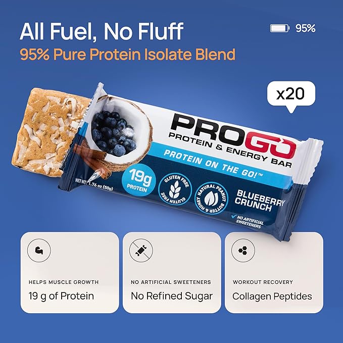 ProGo Protein Bars, Low Sugar, High Protein Snacks (19g) - 95% Pure Isolate for Faster Muscle Growth & Recovery, Low Calorie, Sweetened w/Peanut Butter & Raw Honey (20-Count, Blueberry Crunch)