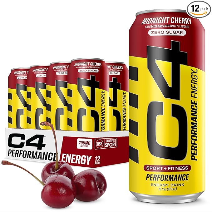 C4 Energy Carbonated Zero Sugar Energy Drink, Pre Workout Drink + Beta Alanine, Midnight Cherry, 16 Fl Oz (Pack of 12)