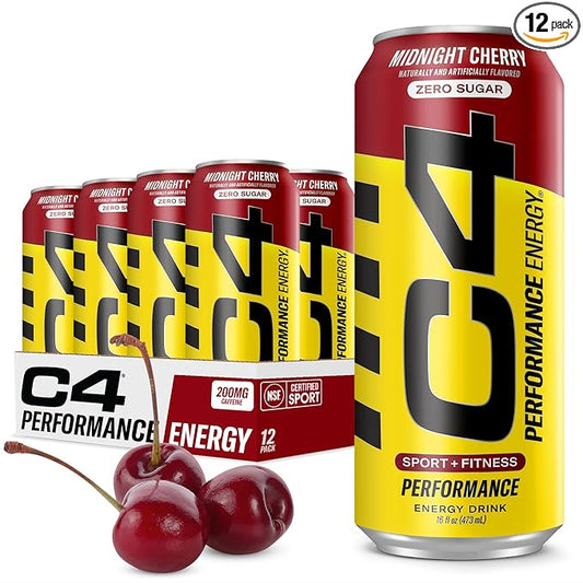 C4 Energy Carbonated Zero Sugar Energy Drink, Pre Workout Drink + Beta Alanine, Midnight Cherry, 16 Fl Oz (Pack of 12)