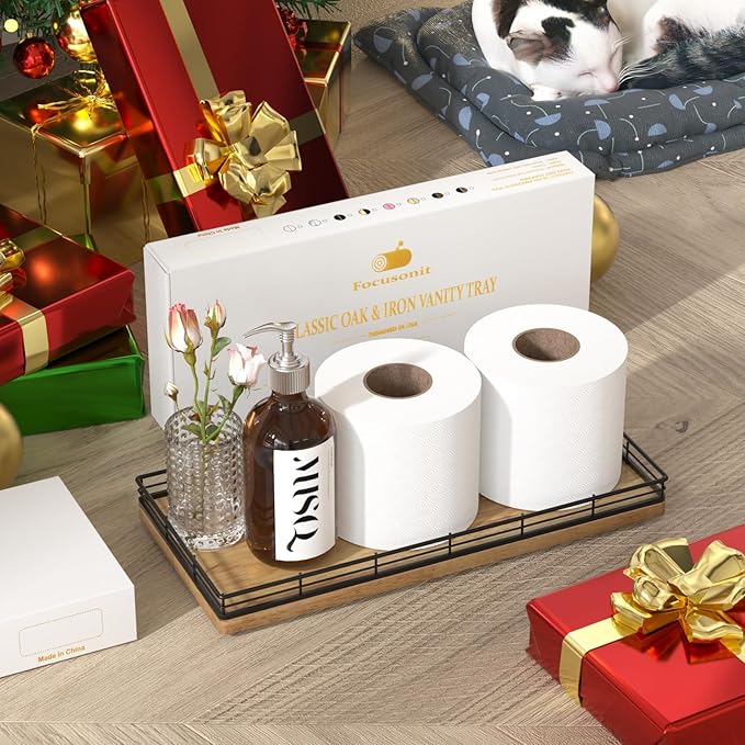 Bathroom Toilet Tank Tray, 13" Wood Toilet Paper Storage Basket Tray Back of Toilet Basket Organizer,Vanity Tray for Perfume Makeup Candle Decor, Black & Farmhouse Brown